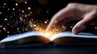 Magical glowing sparkles emerge from open book pages as finger touches them in dark room, creating mystical reading atmosphere. Perfect for education concepts.
