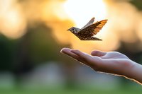 Magical moment of a glowing hummingbird hovering above an outstretched hand at sunset, creating silhouette against warm bokeh background. Nature connection concept.
