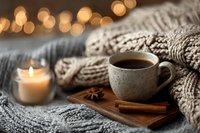 Cozy winter scene with hot coffee cup, cinnamon sticks, and star anise on wooden tray surrounded by knitted sweater and warm bokeh lights.
