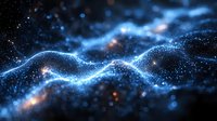 Abstract blue glowing wave of particles flowing through dark space with light effects and bokeh, futuristic digital technology background.