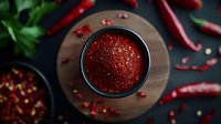 Ground red chili pepper powder in black bowl on wooden board with dried chili peppers scattered around, dark moody food photography styling.