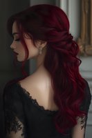 Young woman with burgundy red wavy hair in elegant updo wearing black lace dress, side profile view showing crystal earrings against dark moody background.