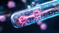 Glowing pink virus particles floating in glass test tube with blue light effect and bokeh background, scientific research concept for medical studies.