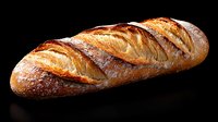 Fresh crusty baguette with golden brown crust and distinctive scoring marks on black background, artisanal French bread loaf showing texture and baking detail.