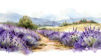 Watercolor countryside landscape with blooming lavender fields, winding path through purple flowers, rolling hills and mountains in soft morning light. Artistic style.