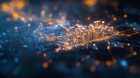 Futuristic cityscape with glowing network connections and light trails, aerial tilt-shift view showing urban technology infrastructure against dark background.