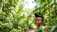 Young boy with dark skin tone and styled hair wearing green shirt smiling in lush tropical forest setting, surrounded by dense vegetation and natural sunlight filtering through canopy.