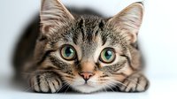 Curious tabby cat with bright green eyes lying down and looking directly at camera against white background, isolated portrait for pet and animal concepts.