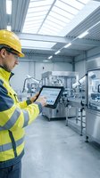 Male factory worker wearing yellow safety helmet and high-visibility vest using digital tablet to monitor manufacturing machinery in modern industrial facility with skylight.
