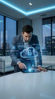 Male IT professional in business suit interacting with holographic cloud security interface displaying encryption and zero trust architecture in modern office with city skyline view.