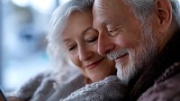 Happy senior couple embracing with eyes closed, showing love and affection in cozy home setting. Elderly man and woman sharing intimate moment together.