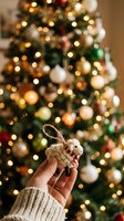 Cropped hand holding knitted sheep ornament with red scarf against blurred evergreen tree decorated with warm golden and white lights, baubles, and festive garland for holiday celebrations.