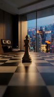 Black chess queen piece on checkered floor in modern high-rise office with illuminated cityscape view at dusk, symbolizing strategy, leadership, and corporate success for business concepts.