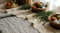 Easter table setting with colored eggs in wicker baskets, fresh herbs and vintage lace tablecloth for spring holiday celebration and festive dining decor.