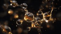 Abstract golden glass spheres floating with dynamic liquid splash effects and warm bokeh lights on dark background for luxury design projects.