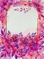 Watercolor floral frame with pink and purple roses, gold border, and white copy space for wedding invitations or greeting cards.