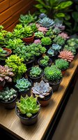 Collection of diverse succulent plants in small pots arranged on wooden windowsill, featuring echeveria, jade plants and other varieties in pink, blue and green colors.