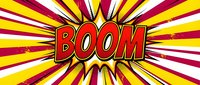 Comic book explosion with BOOM text on radiating yellow and red sunburst background. Pop art style burst effect for graphic design projects and promotional materials.