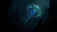 Bioluminescent jellyfish glowing with electric blue and cyan light floating in dark deep ocean waters surrounded by silhouetted rock formations and particles.