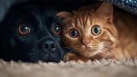 Close up portrait of black dog and ginger cat lying together on carpet, showing friendship between pets. Blue eyes of both animals in frame.