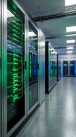 Modern data center server room with rows of illuminated green LED indicator lights on networking equipment, showcasing active data flow and system operations for technology infrastructure projects.
