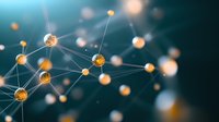 Glowing orange spheres connected by bright lines on dark teal background create futuristic network visualization for technology and science concepts.