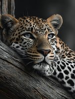 Majestic leopard resting on wooden branch with intense golden eyes and spotted coat pattern against dark background for wildlife photography projects.