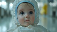 Young child wearing white protective medical suit and blue hood looking up with wide blue eyes against blurred hospital corridor background.