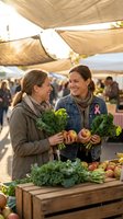 Two women friends shopping for fresh kale and apples at outdoor farmers market under canvas canopy, enjoying healthy organic produce together.