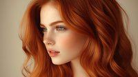 Young woman with natural red wavy hair and flawless complexion in profile view against neutral beige background, showcasing soft natural makeup and feminine beauty.
