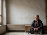 Senior Asian woman with gray hair, wearing traditional dark clothing and red beaded necklace, sitting cross-legged on floor in minimalist room with natural light from window. Suitable for meditation, spirituality, wellness, and cultural lifestyle content.