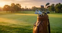Golf bag with clubs on course during golden hour sunset with trees and flag in background creating warm atmospheric lighting for sports recreation.