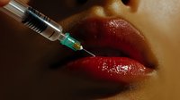 Close up of red glossy lips receiving cosmetic injection treatment with syringe containing clear serum for lip enhancement and beauty procedures.