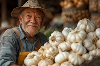 Senior Asian farmer in denim and hat smiling warmly while displaying fresh harvested garlic bulbs at local market, representing sustainable agriculture.