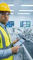 Male engineer in yellow hard hat and safety vest holding tablet in modern factory with monitoring screens and automated machinery in background.