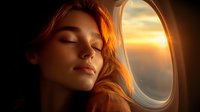 Young woman with closed eyes relaxing near airplane window during golden sunset flight, warm sunlight illuminating her peaceful face and flowing red hair.