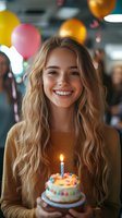 Young Caucasian woman with long wavy blonde hair wearing brown sweater holds birthday cupcake with lit candle, celebrating against festive balloon background. Genuine smile radiates joy.