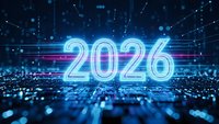 Futuristic neon 2026 numbers glowing with blue light effects on digital technology background with particles and network connections for new year.