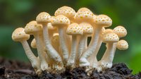 Cluster of small white spotted mushrooms growing on dark soil against blurred green background. Delicate fungi caps with dotted pattern create magical forest scene.
