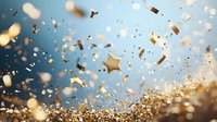 Golden confetti and stars exploding against blue sky background, festive celebration atmosphere with glowing sparkles and metallic particles in motion.