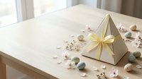 Elegant golden pyramid gift box with yellow ribbon surrounded by decorative stones and flower petals on wooden table for luxury packaging design.