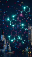 Glowing molecular structure with neon connections on dark background. Scientific chemistry concept for research, biotechnology and pharmaceutical industry presentations.