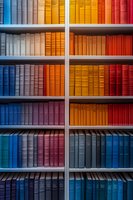 Colorful books arranged by spectrum on white library shelves creating rainbow pattern, from blue through yellow to red tones. Modern bookshelf organization.