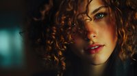 Portrait of attractive young woman with curly hair and dramatic lighting creating shadows on face for beauty and fashion concepts.