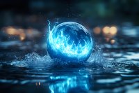 Glowing blue energy sphere floating on water surface with splash effect and bokeh lights in dark background, magical fantasy concept art composition.