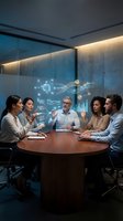 Business team analyzing holographic data projections in modern conference room with diverse professionals collaborating on digital strategy presentation.