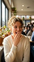Surprised young woman with curly hair covering mouth with hand in busy restaurant cafe setting with natural lighting and warm atmosphere.