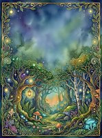 Enchanted forest scene with glowing lanterns, twisted trees, and magical aurora sky framed by ornate gold botanical border, suitable for fantasy art, book illustrations, and mystical designs.