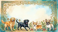 Watercolor dogs border frame with golden retriever, black labrador, corgi and french bulldog, paw prints and floral ornaments on light background.