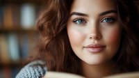 Young Caucasian woman with blue eyes, wavy brown hair and natural makeup smiling softly in warm indoor lighting. Close up portrait showing genuine expression.